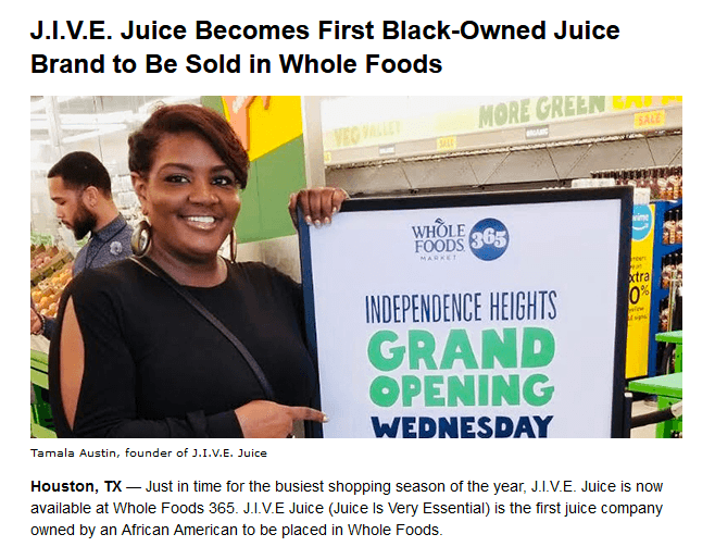 Picture of Tamala Austin - founder of JIVE Juice Company becoming the first Black-Owned juice brand to be sold in Whole Foods